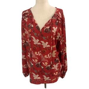 LOFT Floral Blouse Medium Red Long Sleeve V Neck Tie Front Lightweight Top